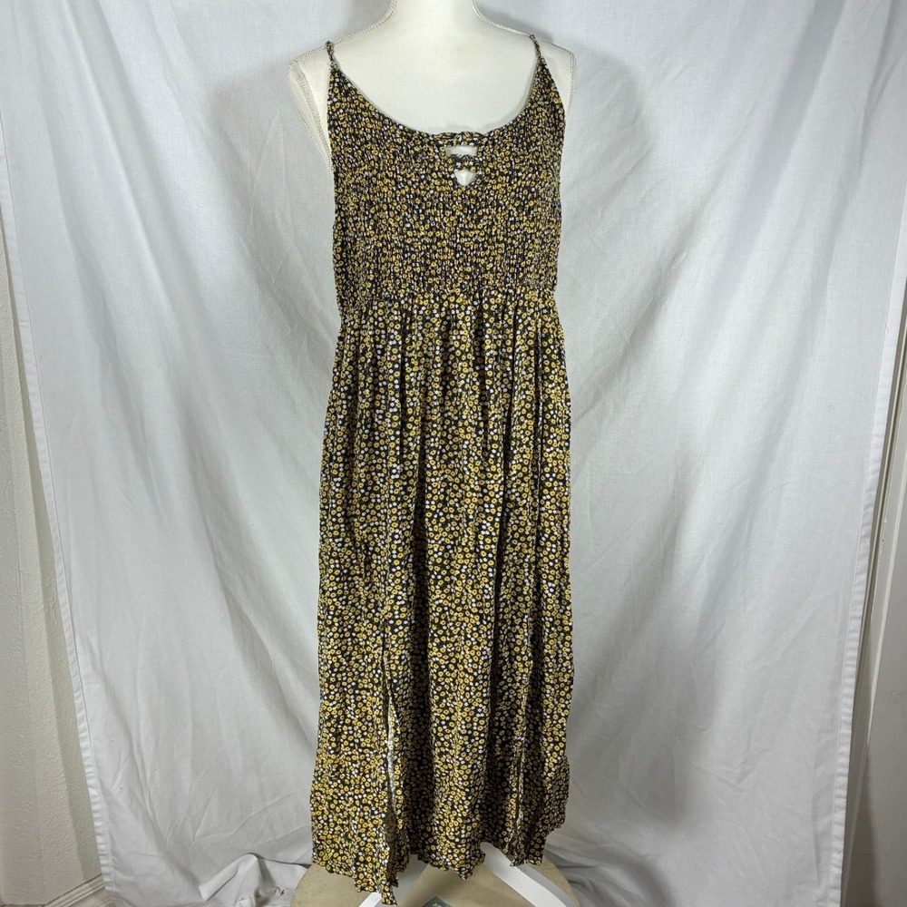 Mariane Women 2X Floral Smocked Maxi Dress Black Yellow Daisy Rayon Boho Slit
